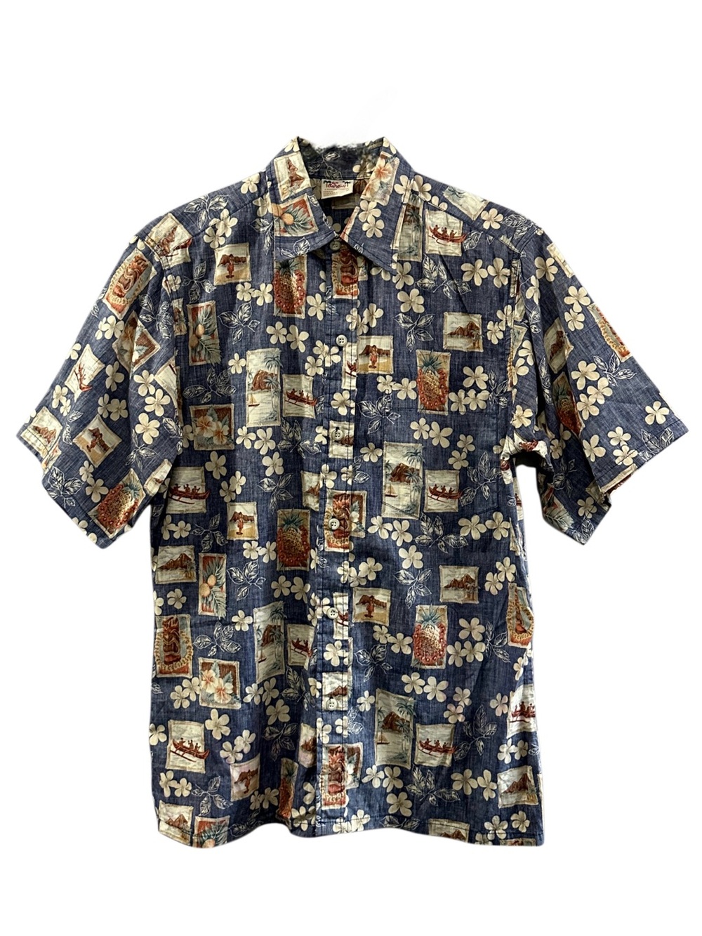 Go Barefoot Hawaiian Aloha Shirt Mens M Blue Tropical Floral Cotton Made USA